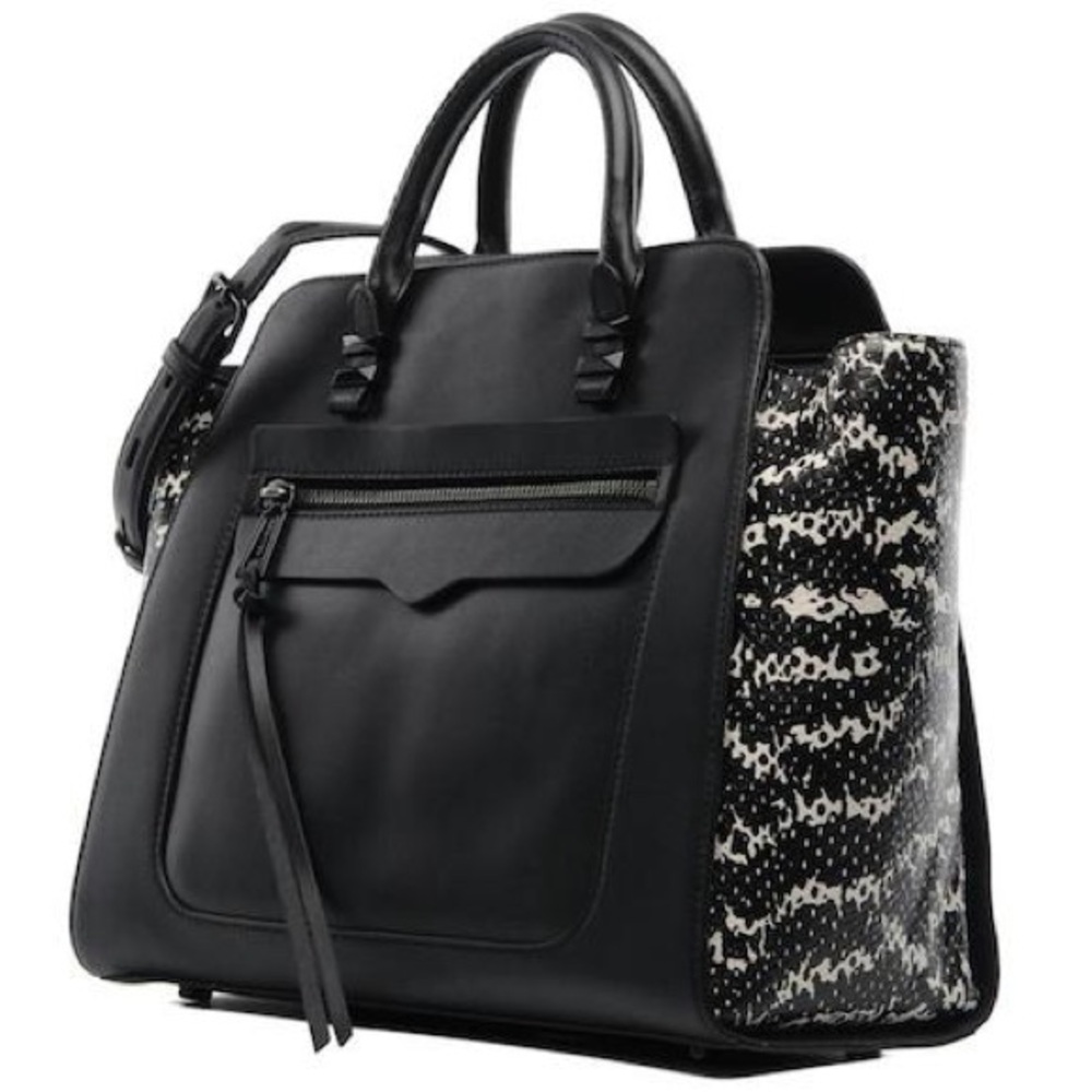 Black Leather Tote Bag with Patterned Side Panels